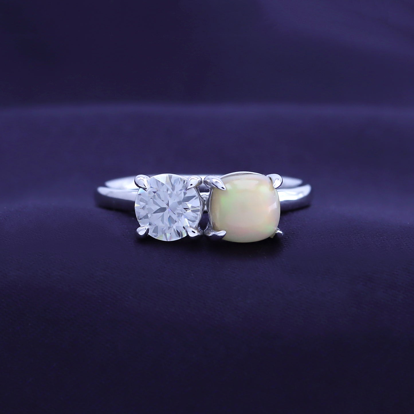 6MM Natural White Opal & Lab Created Moissanite Diamond Toi Et Moi 2-Stone Engagement Ring In 925 Sterling Silver