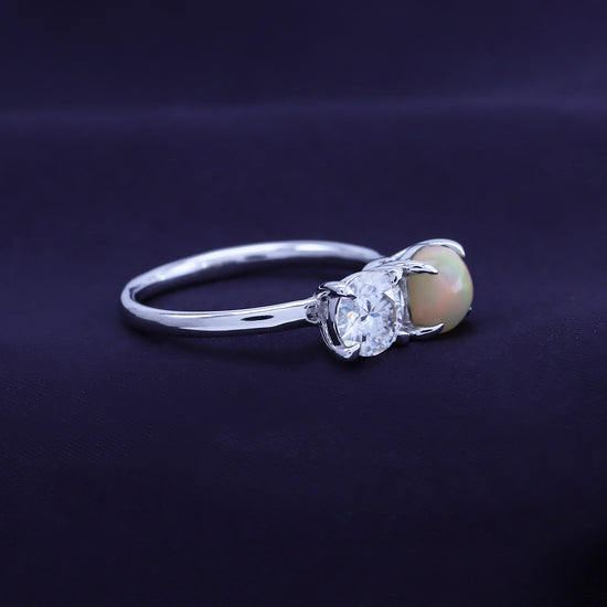 6MM Natural White Opal & Lab Created Moissanite Diamond Toi Et Moi 2-Stone Engagement Ring In 925 Sterling Silver