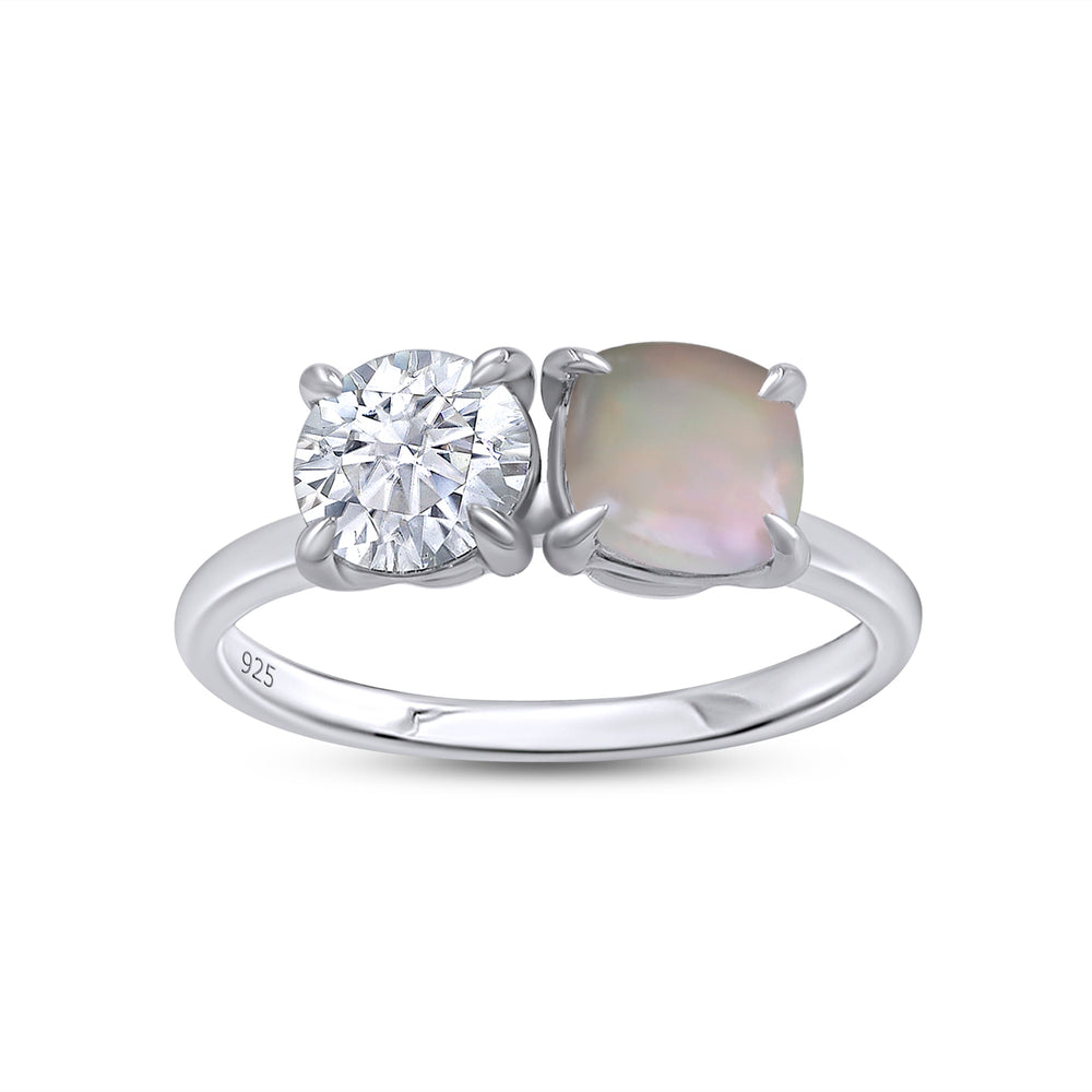 6MM Natural White Opal & Lab Created Moissanite Diamond Toi Et Moi 2-Stone Engagement Ring In 925 Sterling Silver