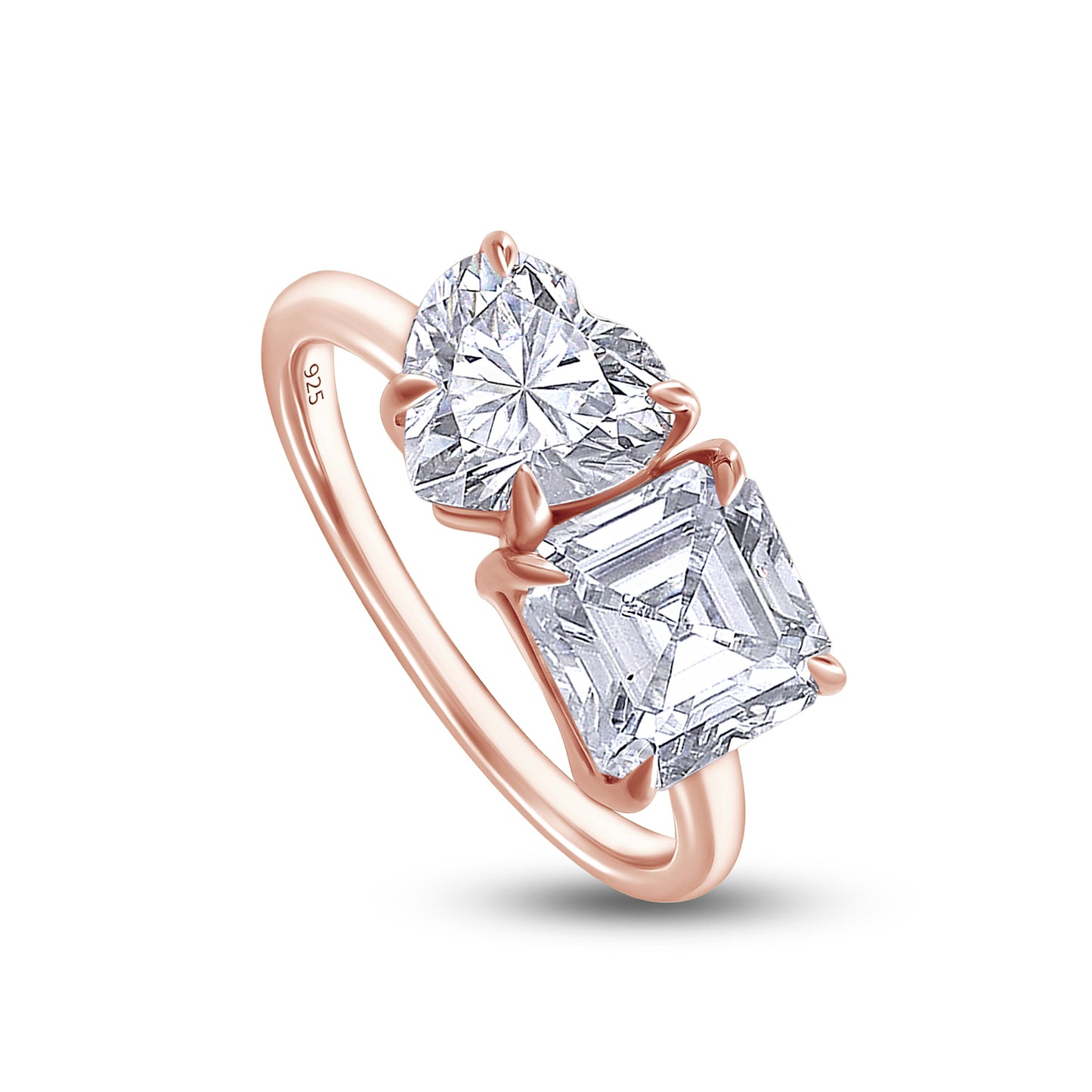 2 2/5 Carat Heart & Asscher Lab Created Moissanite Diamond Toi Et Moi 2-Stone Engagement Ring For Women In 925 Sterling Silver