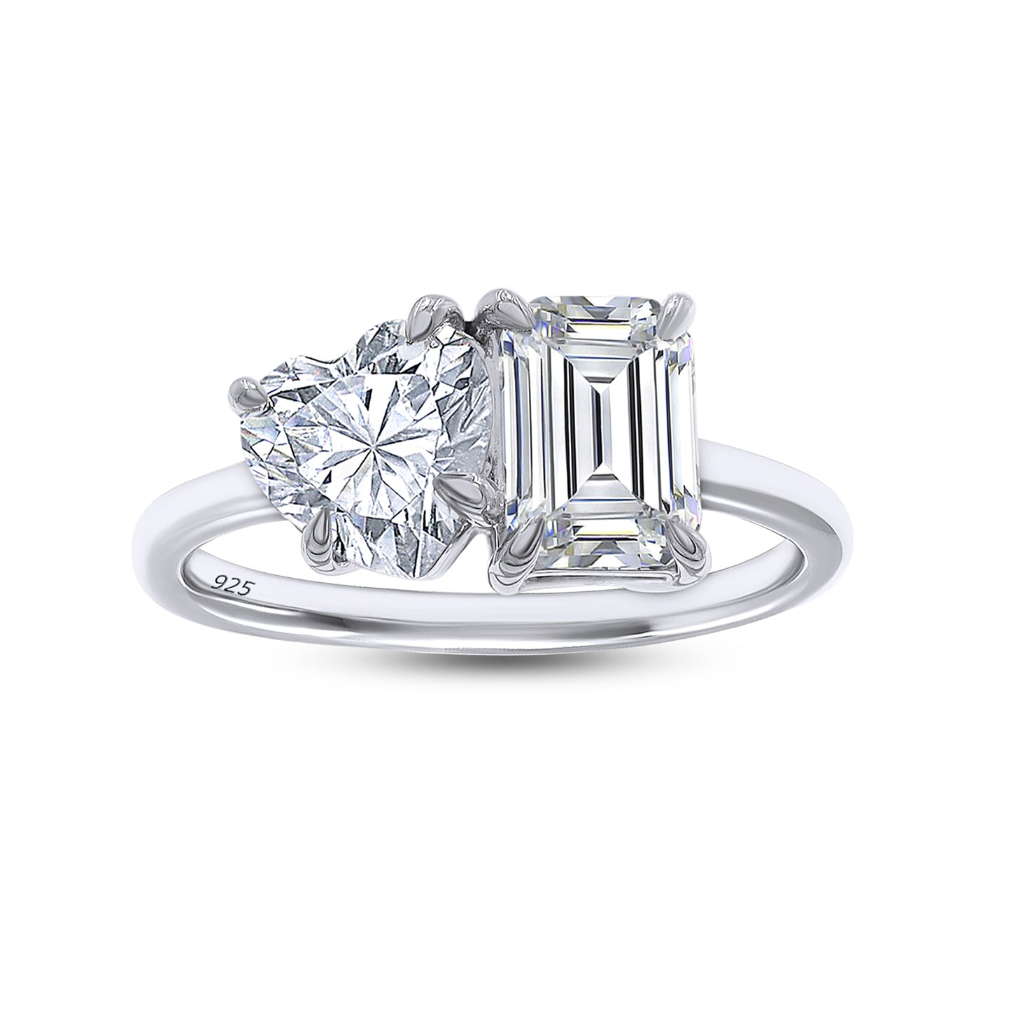 2 Carat Heart & Emerald Lab Created Moissanite Diamond Toi Et Moi 2-Stone Engagement Ring In 925 Sterling Silver
