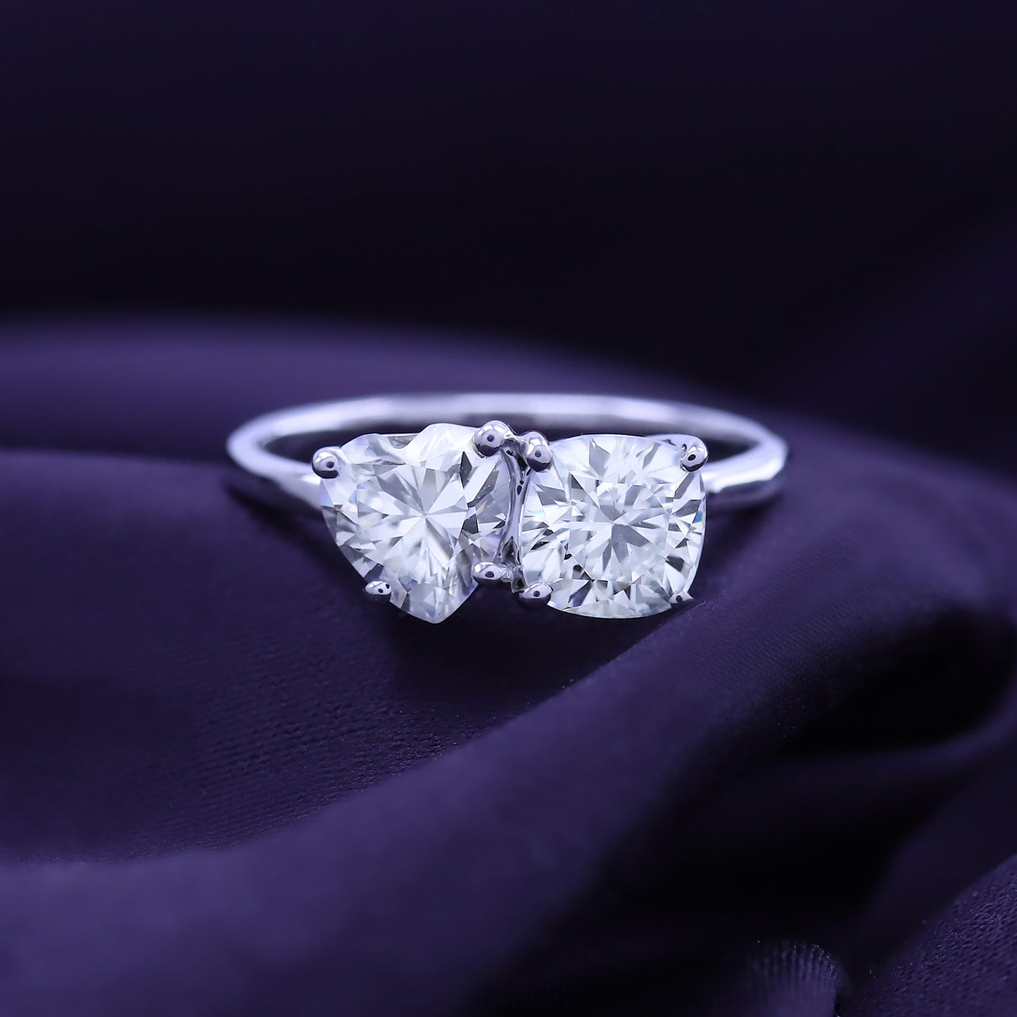 Load image into Gallery viewer, 1.90 Carat Heart &amp;amp; Cushion Cut Lab Created Moissanite Diamond Toi Et Moi 2-Stone Engagement Ring In 925 Sterling Silver
