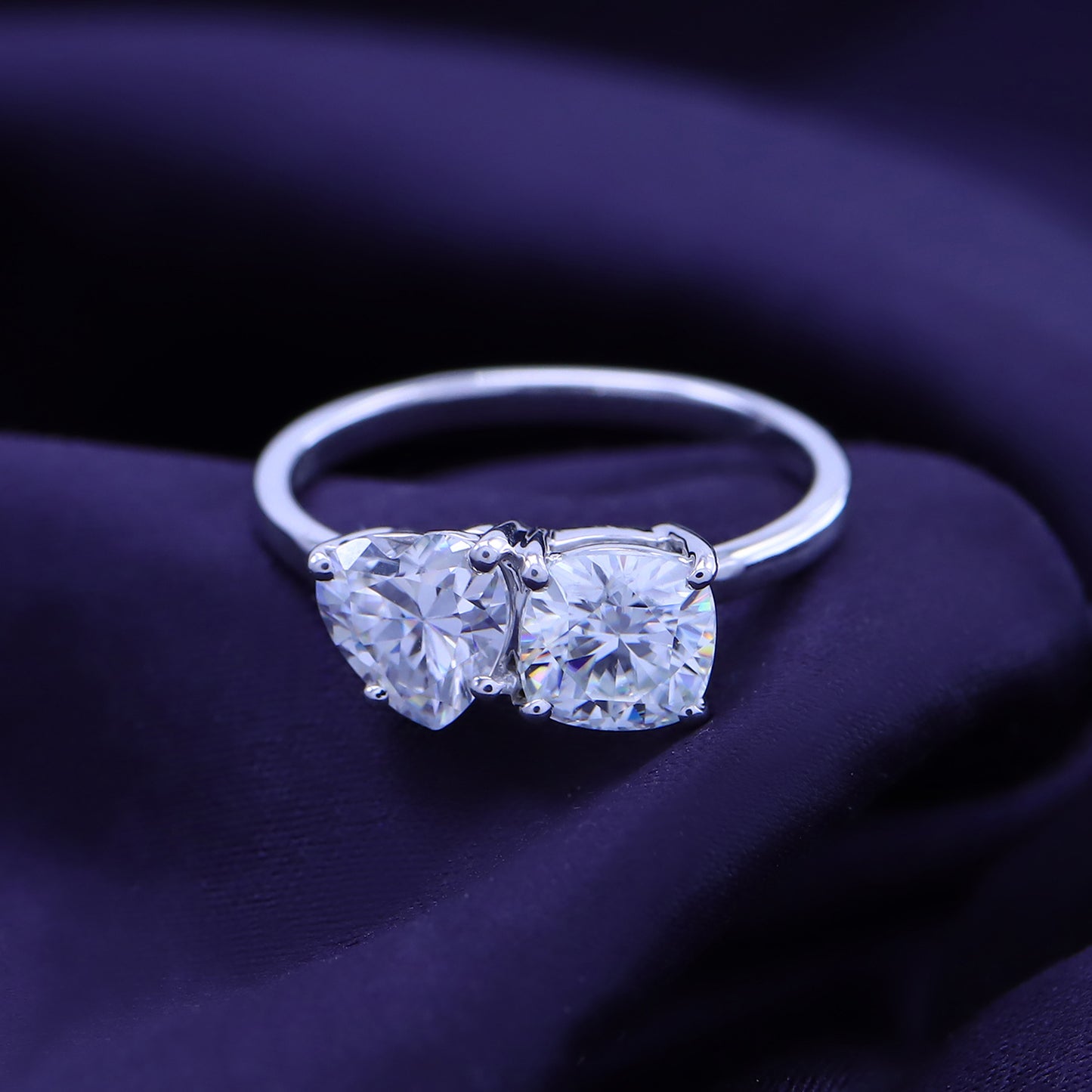 Load image into Gallery viewer, 1.90 Carat Heart &amp;amp; Cushion Cut Lab Created Moissanite Diamond Toi Et Moi 2-Stone Engagement Ring In 925 Sterling Silver

