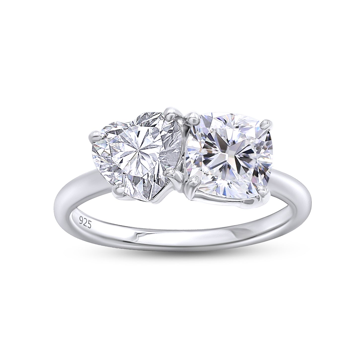 1.90 Carat Heart & Cushion Cut Lab Created Moissanite Diamond Toi Et Moi 2-Stone Engagement Ring In 925 Sterling Silver