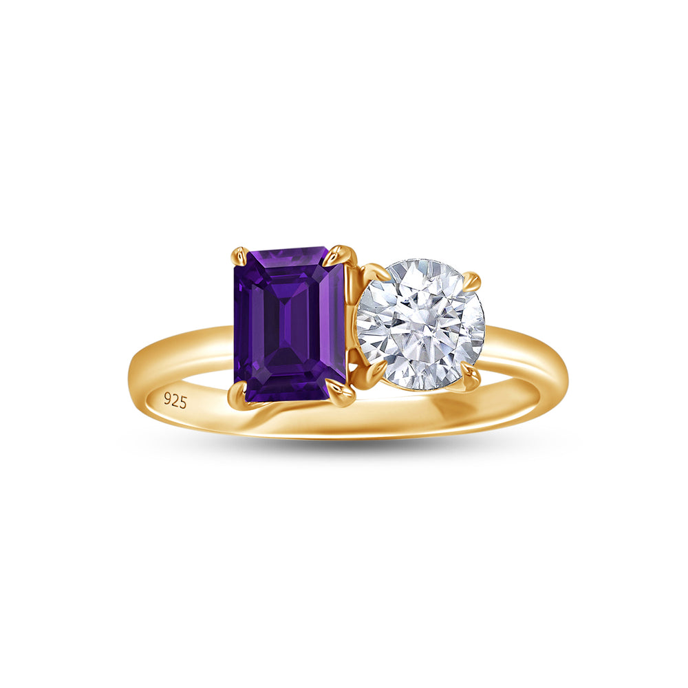 1.60 Carat Emerald Amethyst & Round Lab Created Moissanite Diamond Toi Et Moi 2-Stone Engagement Ring In 925 Sterling Silver