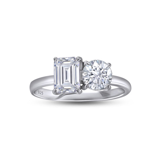 1.75 Carat Emerald & Round Cut Lab Created Moissanite Diamond Toi Et Moi 2-Stone Engagement Ring In 925 Sterling Silver