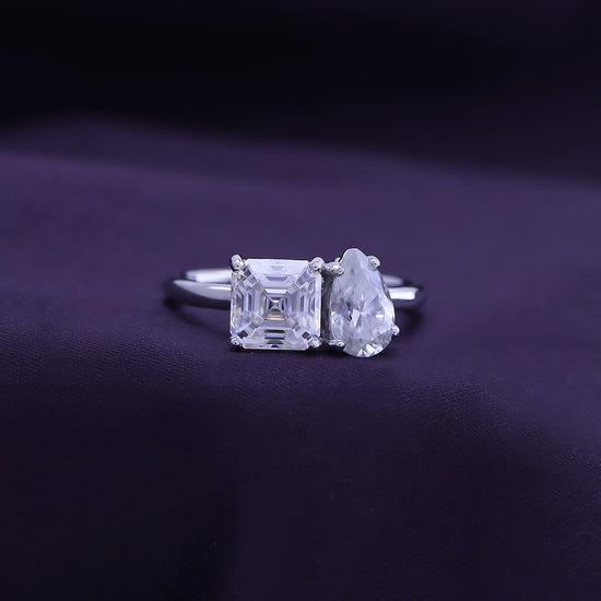 2 1/3 Carat Pear & Asscher Lab Created Moissanite Diamond Toi Et Moi 2-Stone Engagement Ring For Women In 925 Sterling Silver