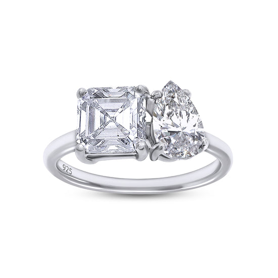 2 1/3 Carat Pear & Asscher Lab Created Moissanite Diamond Toi Et Moi 2-Stone Engagement Ring For Women In 925 Sterling Silver
