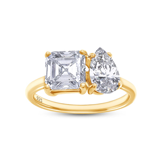 2 1/3 Carat Pear & Asscher Lab Created Moissanite Diamond Toi Et Moi 2-Stone Engagement Ring For Women In 925 Sterling Silver