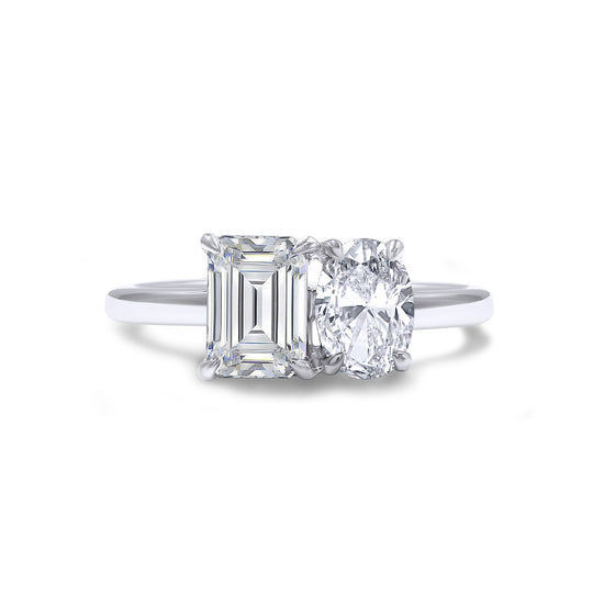 1.90 Carat Oval & Emerald Cut Lab Created Moissanite Diamond Toi Et Moi 2-Stone Engagement Ring In 925 Sterling Silver