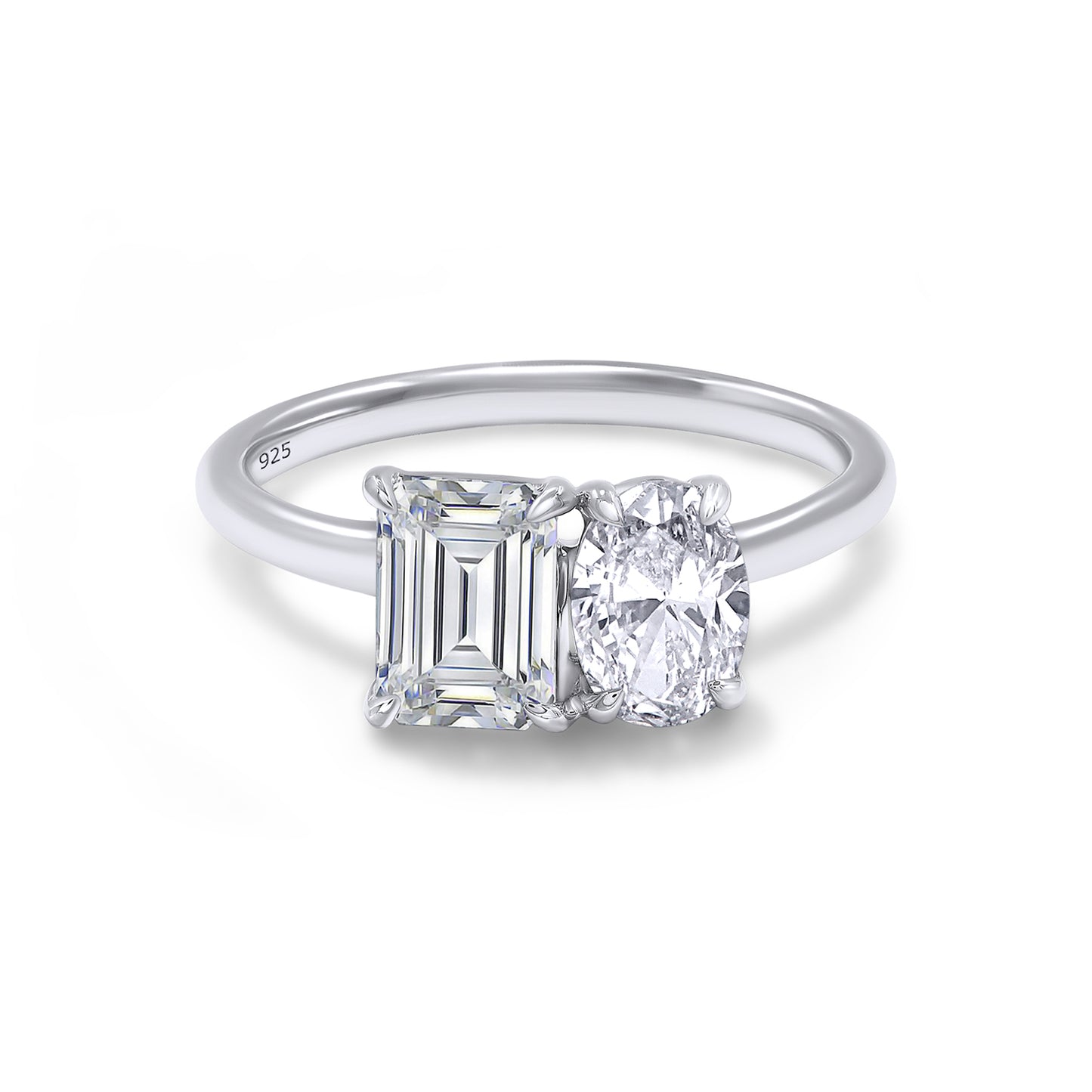 1.90 Carat Oval & Emerald Cut Lab Created Moissanite Diamond Toi Et Moi 2-Stone Engagement Ring In 925 Sterling Silver