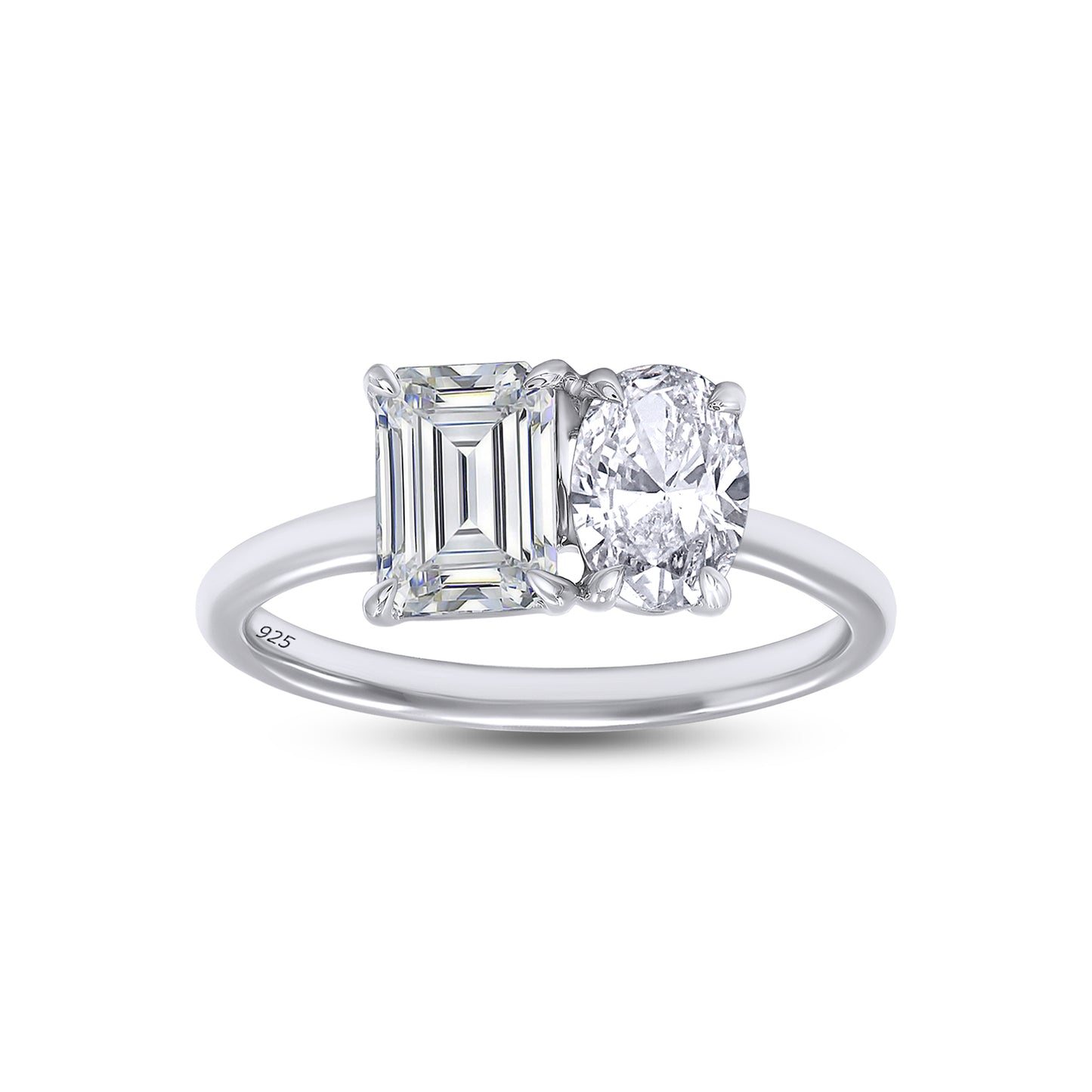 1.90 Carat Oval & Emerald Cut Lab Created Moissanite Diamond Toi Et Moi 2-Stone Engagement Ring In 925 Sterling Silver