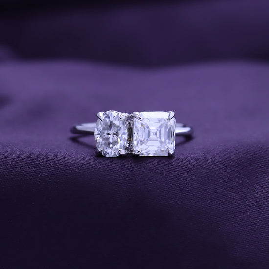 2.25 Carat Asscher & Oval  Cut Lab Created Moissanite Diamond Toi Et Moi 2-Stone Engagement Ring In 925 Sterling Silver
