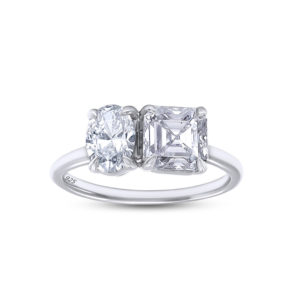 2.25 Carat Asscher & Oval  Cut Lab Created Moissanite Diamond Toi Et Moi 2-Stone Engagement Ring In 925 Sterling Silver