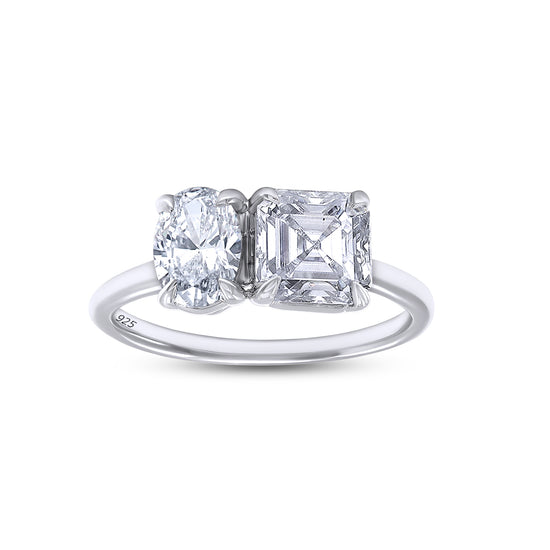 2.25 Carat Asscher & Oval  Cut Lab Created Moissanite Diamond Toi Et Moi 2-Stone Engagement Ring In 925 Sterling Silver