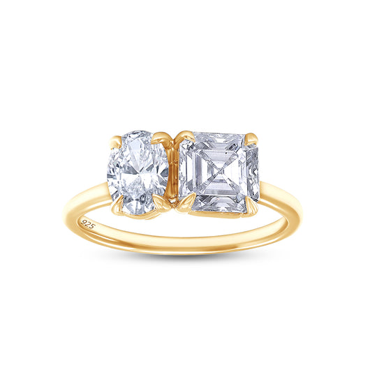 2.25 Carat Asscher & Oval  Cut Lab Created Moissanite Diamond Toi Et Moi 2-Stone Engagement Ring In 925 Sterling Silver
