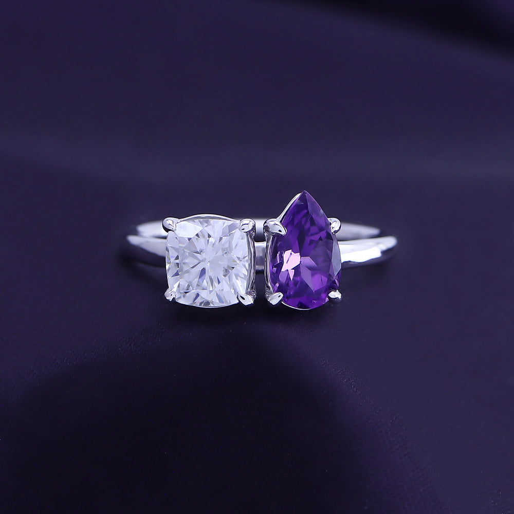 
                      
                        1.75 Carat Pear Shape Natural Amethyst & Cushion Cut Lab Created Moissanite Diamond Toi Et Moi 2-Stone Engagement Ring In 925 Sterling Silver
                      
                    