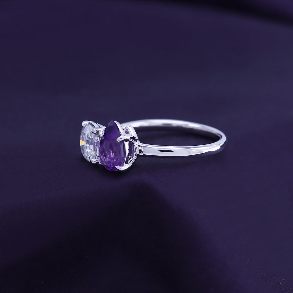 
                      
                        1.75 Carat Pear Shape Natural Amethyst & Cushion Cut Lab Created Moissanite Diamond Toi Et Moi 2-Stone Engagement Ring In 925 Sterling Silver
                      
                    