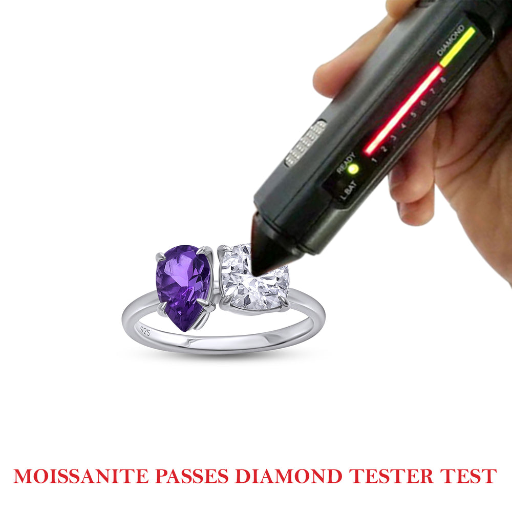 
                      
                        1.75 Carat Pear Shape Natural Amethyst & Cushion Cut Lab Created Moissanite Diamond Toi Et Moi 2-Stone Engagement Ring In 925 Sterling Silver
                      
                    