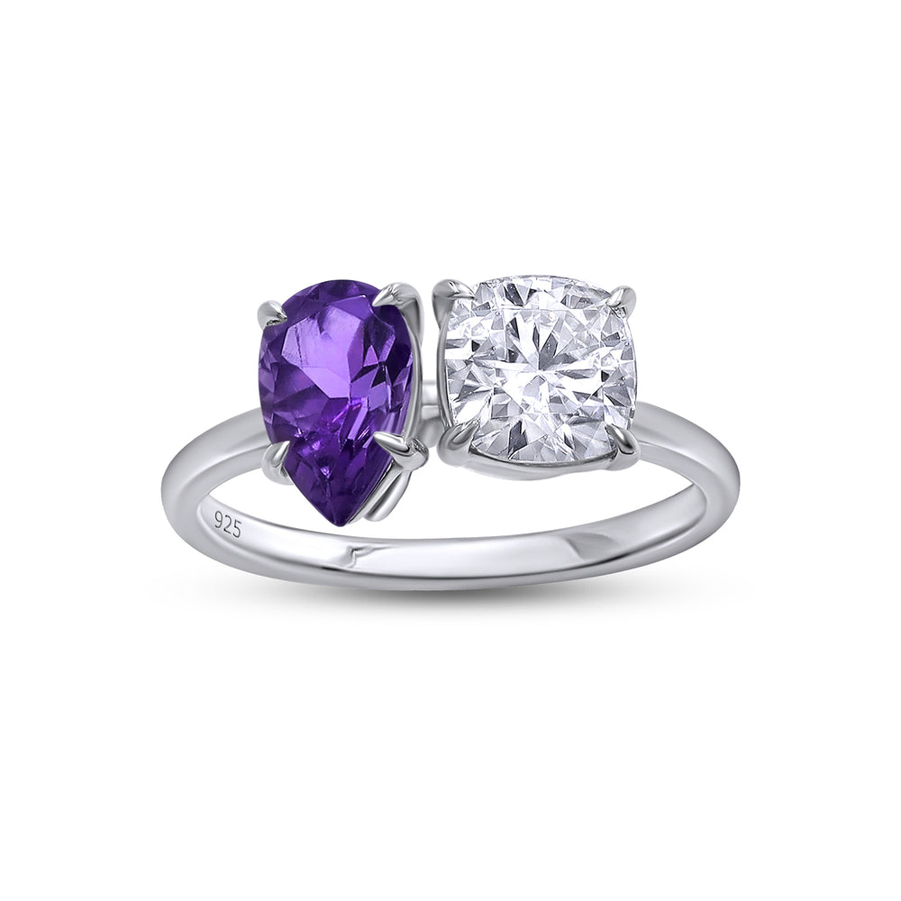 
                      
                        1.75 Carat Pear Shape Natural Amethyst & Cushion Cut Lab Created Moissanite Diamond Toi Et Moi 2-Stone Engagement Ring In 925 Sterling Silver
                      
                    