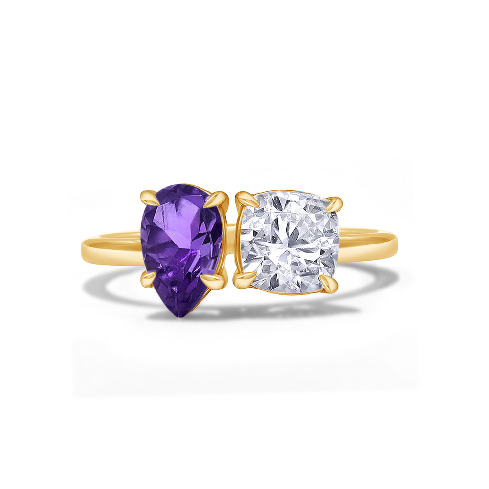 
                      
                        1.75 Carat Pear Shape Natural Amethyst & Cushion Cut Lab Created Moissanite Diamond Toi Et Moi 2-Stone Engagement Ring In 925 Sterling Silver
                      
                    