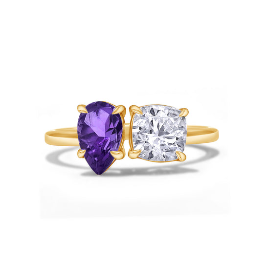 Load image into Gallery viewer, 1.75 Carat Pear Shape Natural Amethyst &amp;amp; Cushion Cut Lab Created Moissanite Diamond Toi Et Moi 2-Stone Engagement Ring In 925 Sterling Silver
