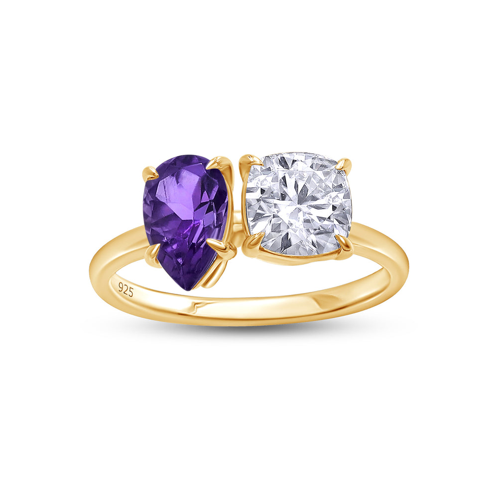 1.75 Carat Pear Shape Natural Amethyst & Cushion Cut Lab Created Moissanite Diamond Toi Et Moi 2-Stone Engagement Ring In 925 Sterling Silver