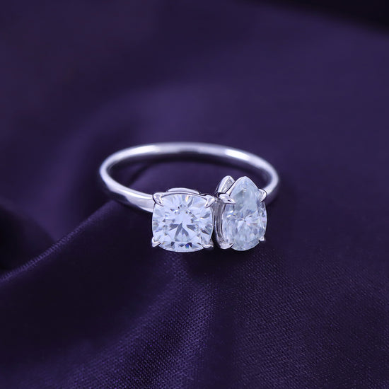 Load image into Gallery viewer, 1.75 Carat Pear &amp;amp; Cushion Cut Lab Created Moissanite Diamond Toi Et Moi 2-Stone Engagement Ring In 925 Sterling Silver
