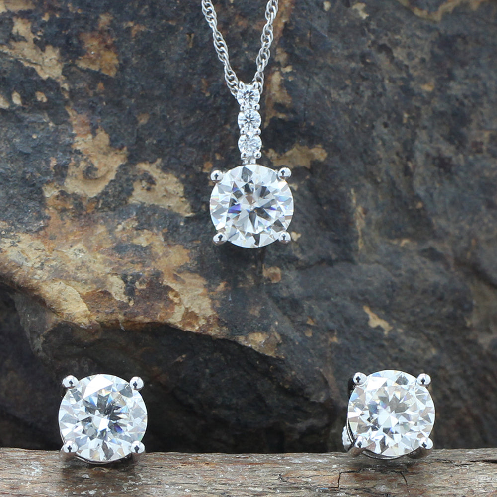 
                      
                        7.5MM Round Lab Created Moissanite Diamond Solitaire Pendant & Stud Earrings Jewelry Set In 925 Sterling Silver
                      
                    