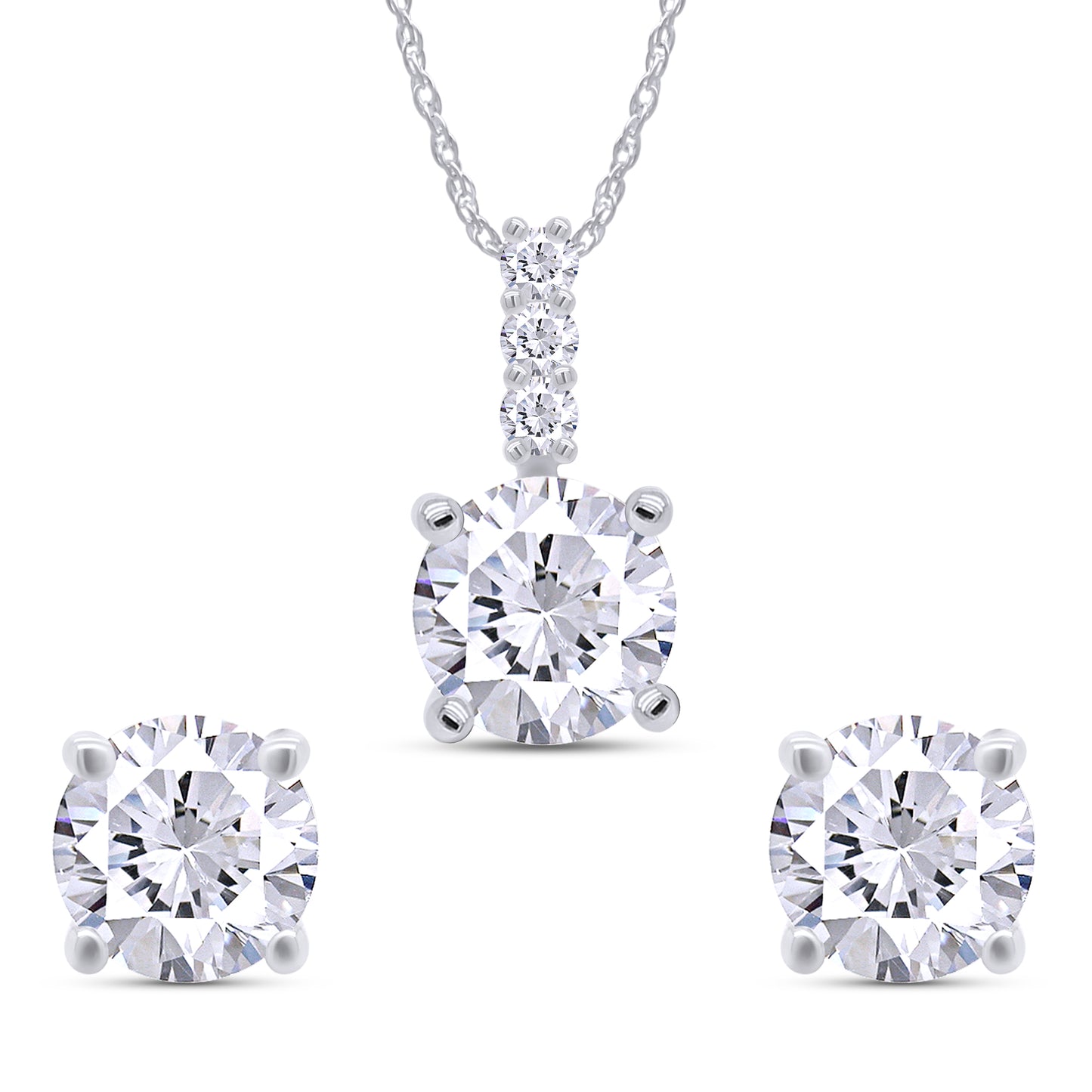 7.5MM Round Lab Created Moissanite Diamond Solitaire Pendant & Stud Earrings Jewelry Set In 925 Sterling Silver