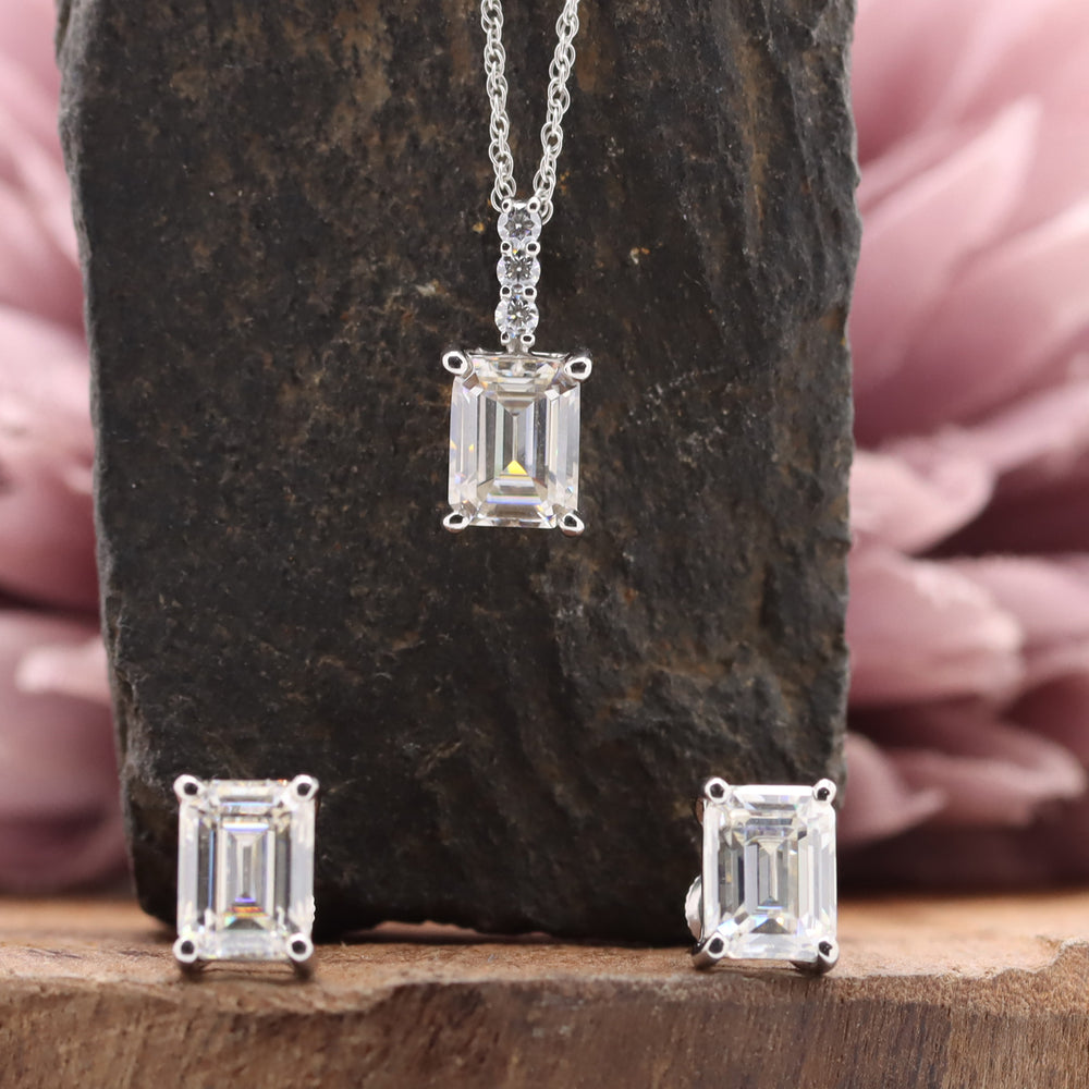 8X6MM Emerald Cut Lab Created Moissanite Diamond Solitaire Pendant & Stud Earrings Jewelry Set In 925 Sterling Silver