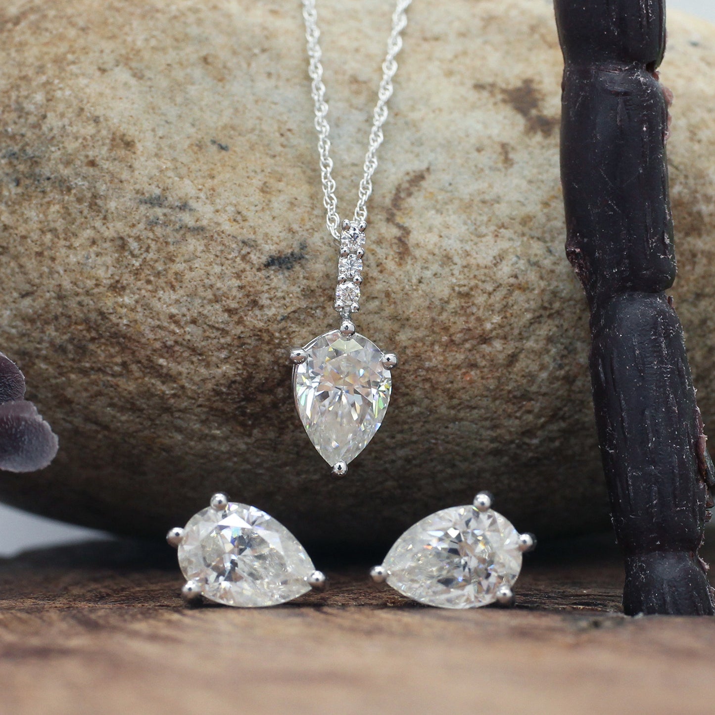 10X7MM Pear Cut Lab Created Moissanite Diamond Solitaire Pendant & Stud Earrings Jewelry Set In 925 Sterling Silver