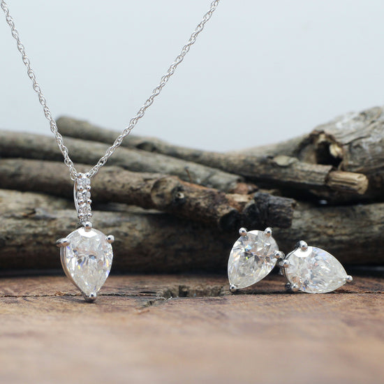 10X7MM Pear Cut Lab Created Moissanite Diamond Solitaire Pendant & Stud Earrings Jewelry Set In 925 Sterling Silver