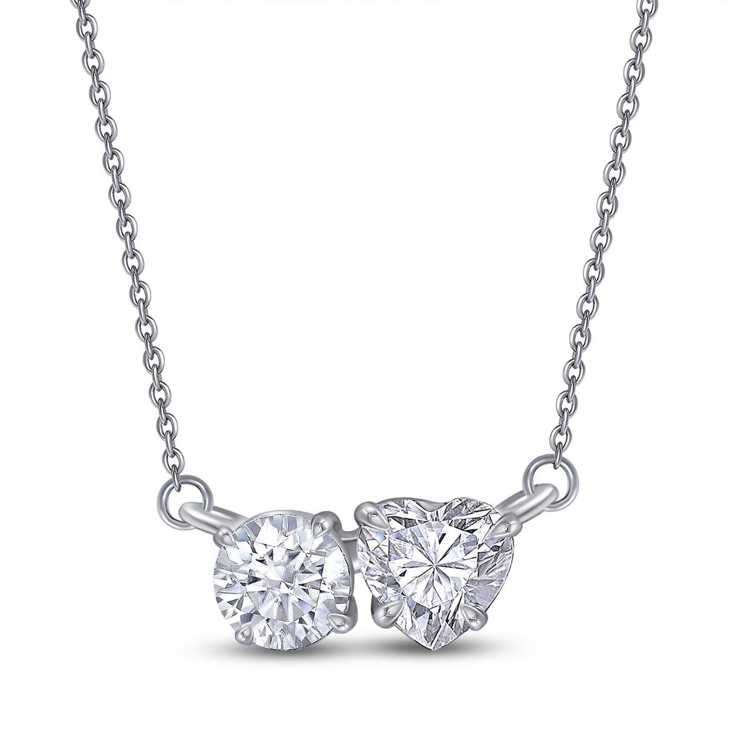 1 3/4 Carat Round & Heart Lab Created Moissanite Diamond Toi Et Moi 2 Stone Pendant Necklace In 925 Sterling Silver