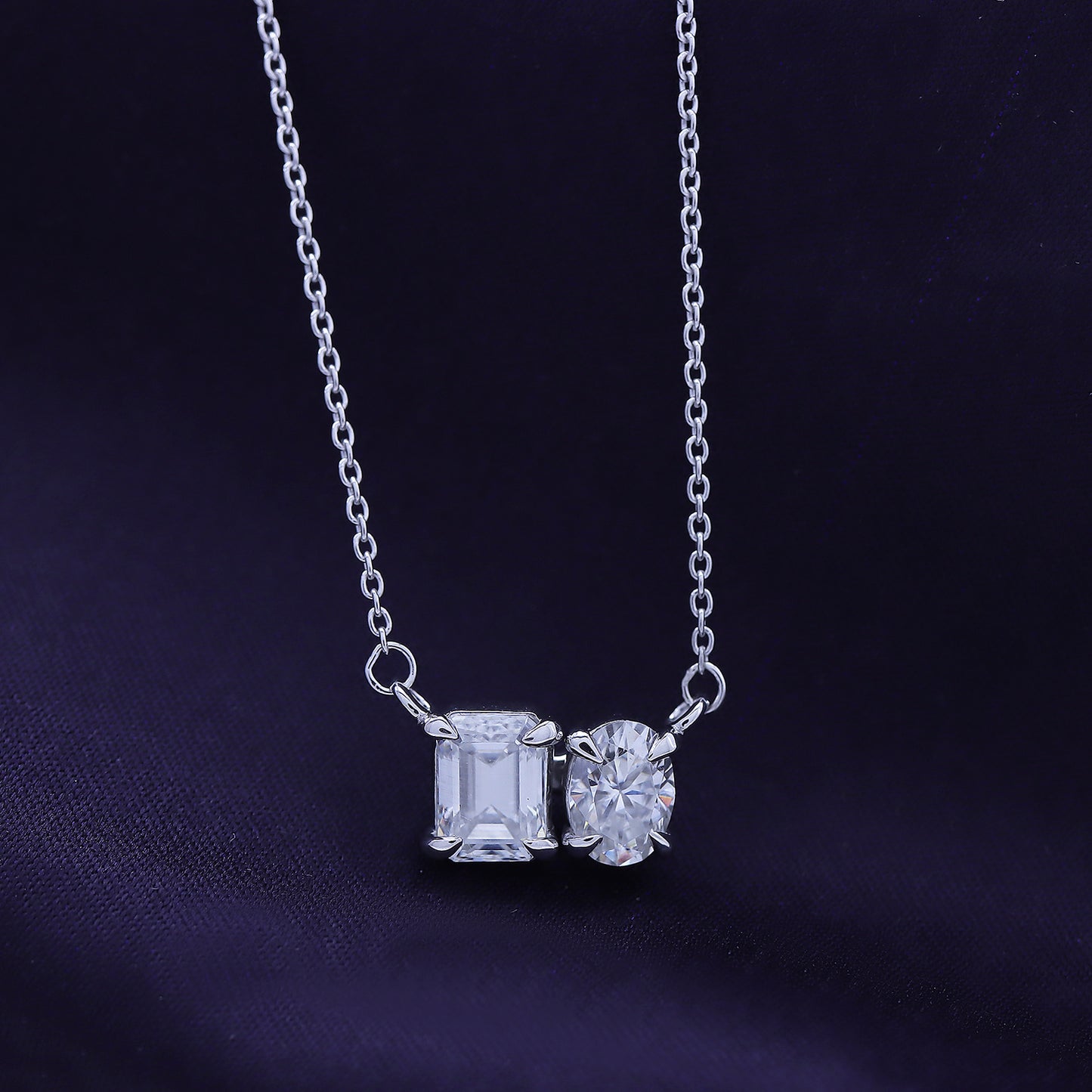 1.80 Carat Emerald & Oval Cut Lab Created Moissanite Diamond 2 Stone Toi Et Moi Pendant Necklace In 925 Sterling Silver