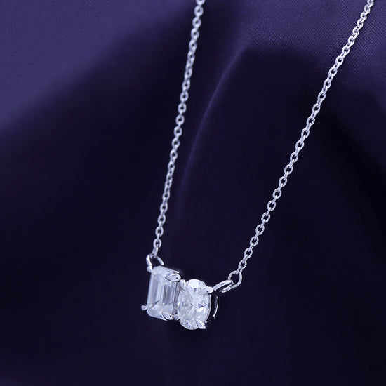 1.80 Carat Emerald & Oval Cut Lab Created Moissanite Diamond 2 Stone Toi Et Moi Pendant Necklace In 925 Sterling Silver