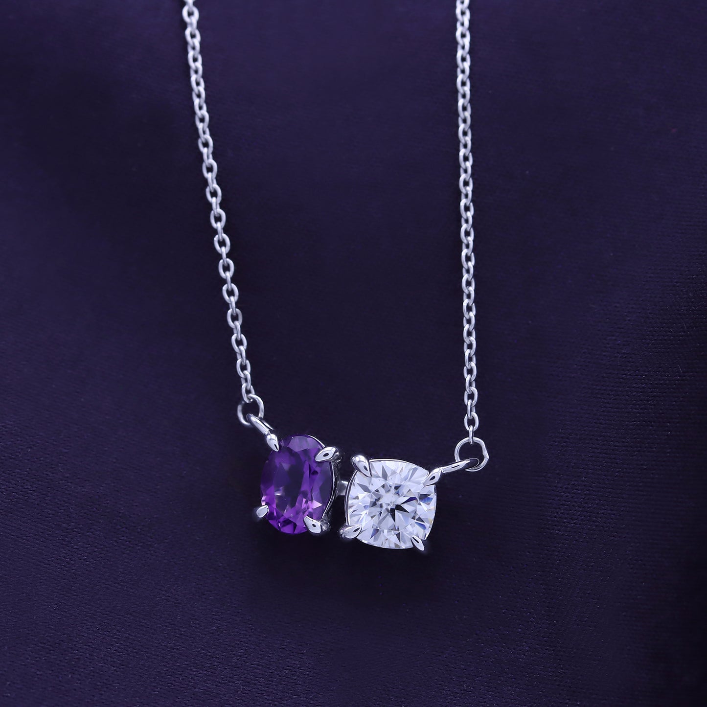 Oval Cut Amethyst & Cushion Lab Created Moissanite Diamond 2 Stone Toi Et Moi Pendant Necklace In 925 Sterling Silver (1.80 Cttw)