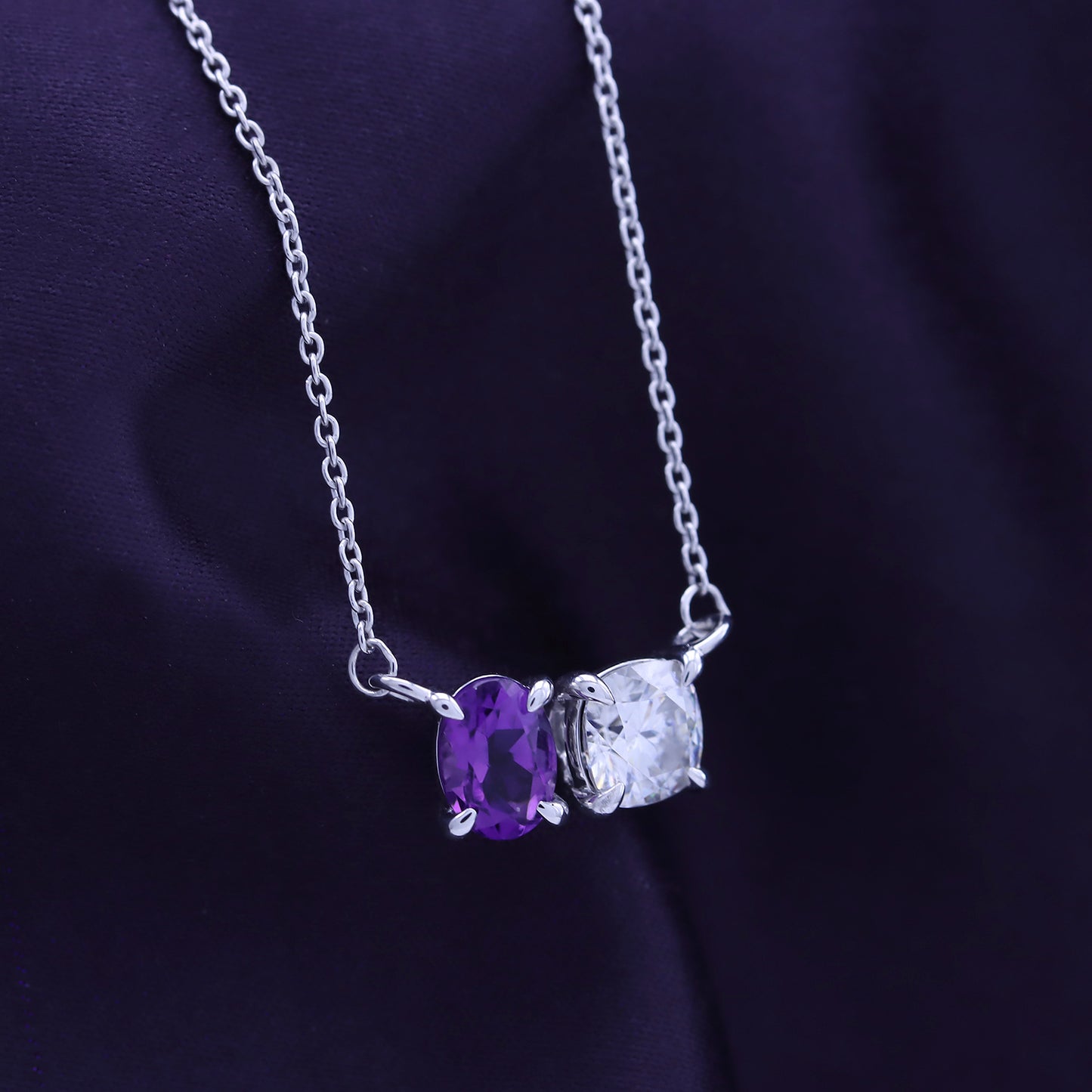 Oval Cut Amethyst & Cushion Lab Created Moissanite Diamond 2 Stone Toi Et Moi Pendant Necklace In 925 Sterling Silver (1.80 Cttw)