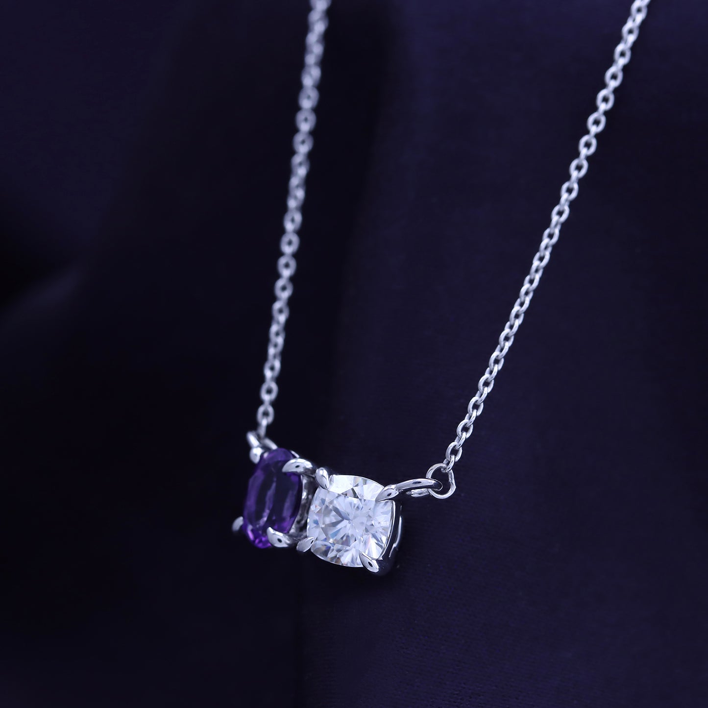 Load image into Gallery viewer, Oval Cut Amethyst &amp;amp; Cushion Lab Created Moissanite Diamond 2 Stone Toi Et Moi Pendant Necklace In 925 Sterling Silver (1.80 Cttw)
