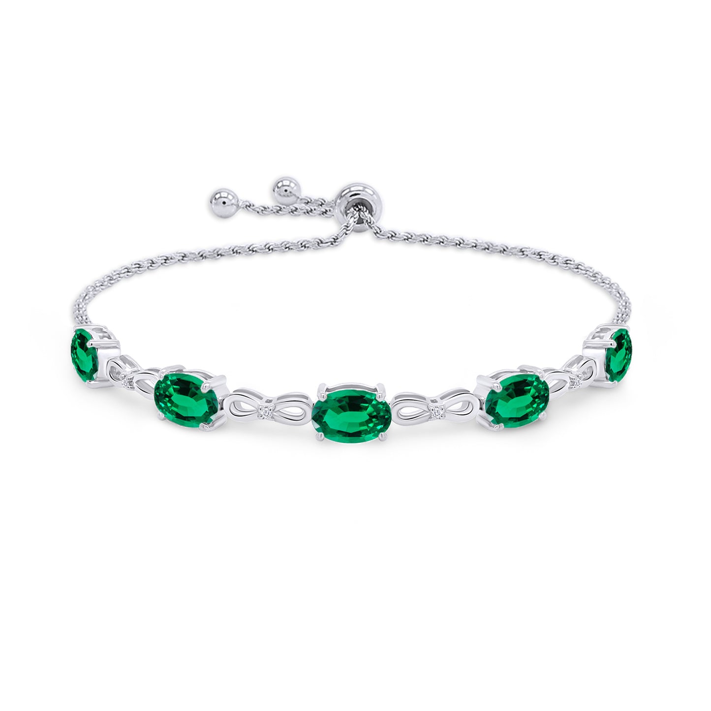 7X5MM Oval Simulated Green Emerald & White Lab Grown Diamond Tennis Bolo Adjustable Bracelet In 925 Sterling Silver (4.50 Cttw)