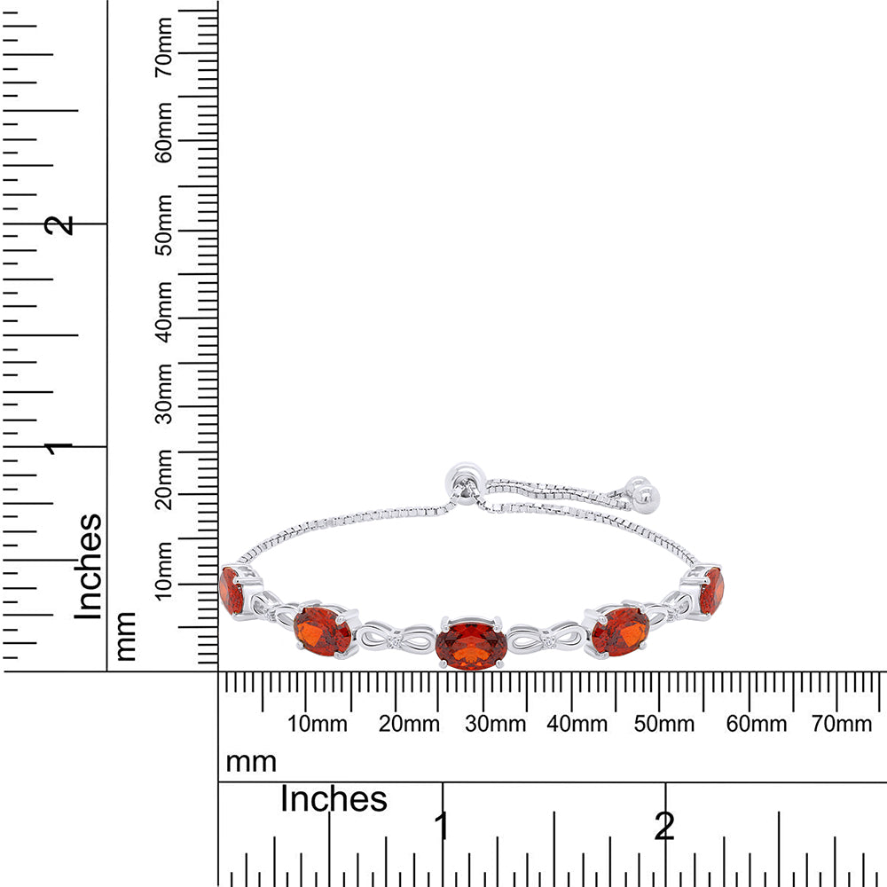 7X5MM Oval Cut Simulated Red Garnet & Natural White Diamond Tennis Bolo Adjustable Bracelet In 925 Sterling Silver (6.37 Cttw)