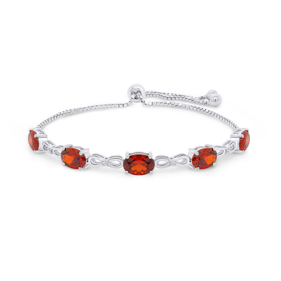 7X5MM Oval Cut Simulated Red Garnet & Natural White Diamond Tennis Bolo Adjustable Bracelet In 925 Sterling Silver (6.37 Cttw)