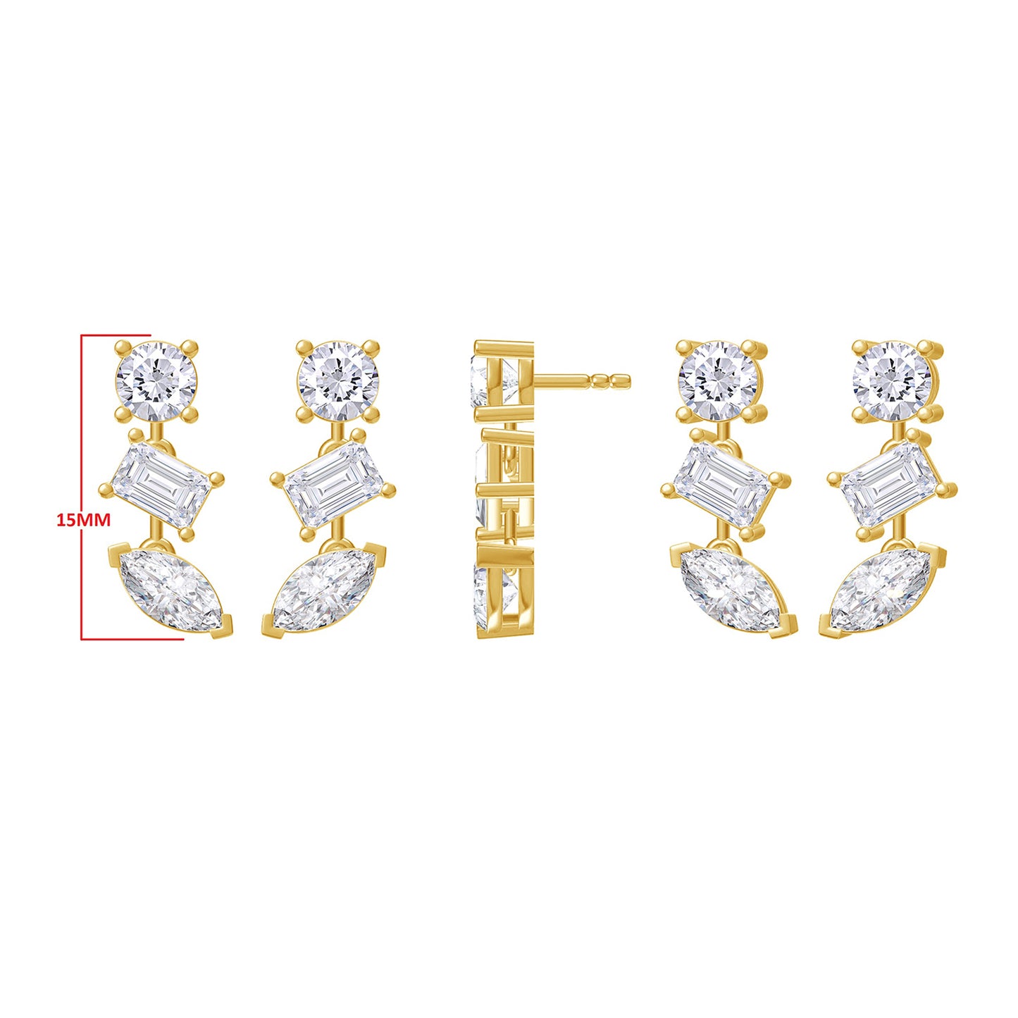 Multi-Shape Earrings For Women, 1.50 Carat Lab Grown Diamond 3-Stone Dangle Stud Earrings In 14K Solid Gold Earrings Jewelry Gifts For Her (1.50 Cttw)