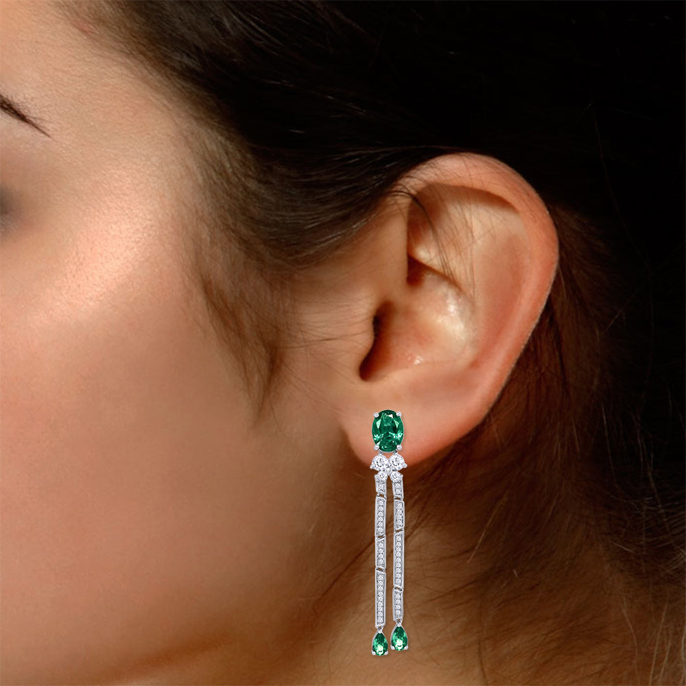 Oval & Pear Cut Simulated Green Emerald And Round White Cubic Zirconia Tassel Dangle Stud Earrings In 10K & 14K Solid Gold And 925 Sterling Silver