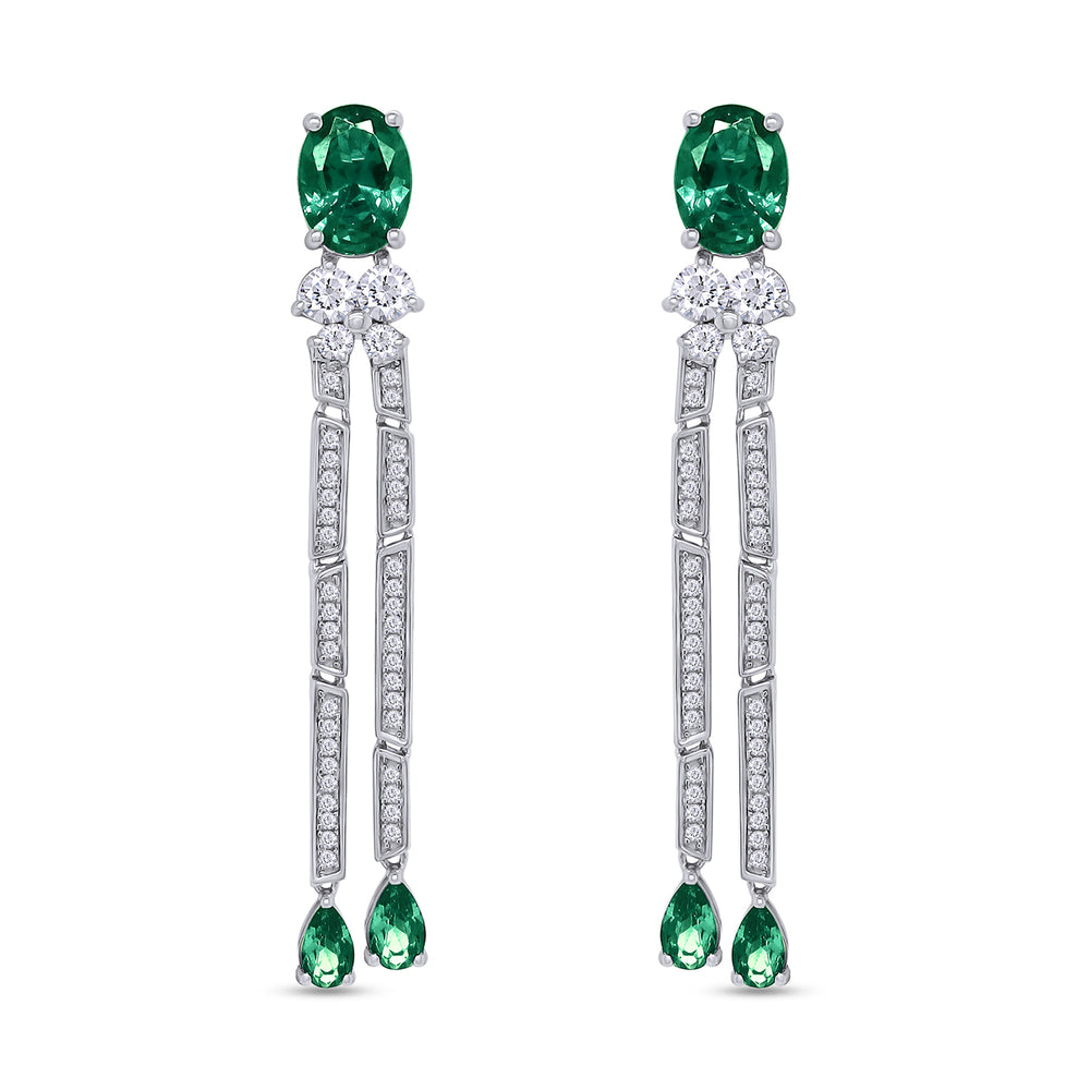 Oval & Pear Cut Simulated Green Emerald And Round White Cubic Zirconia Tassel Dangle Stud Earrings In 10K & 14K Solid Gold And 925 Sterling Silver