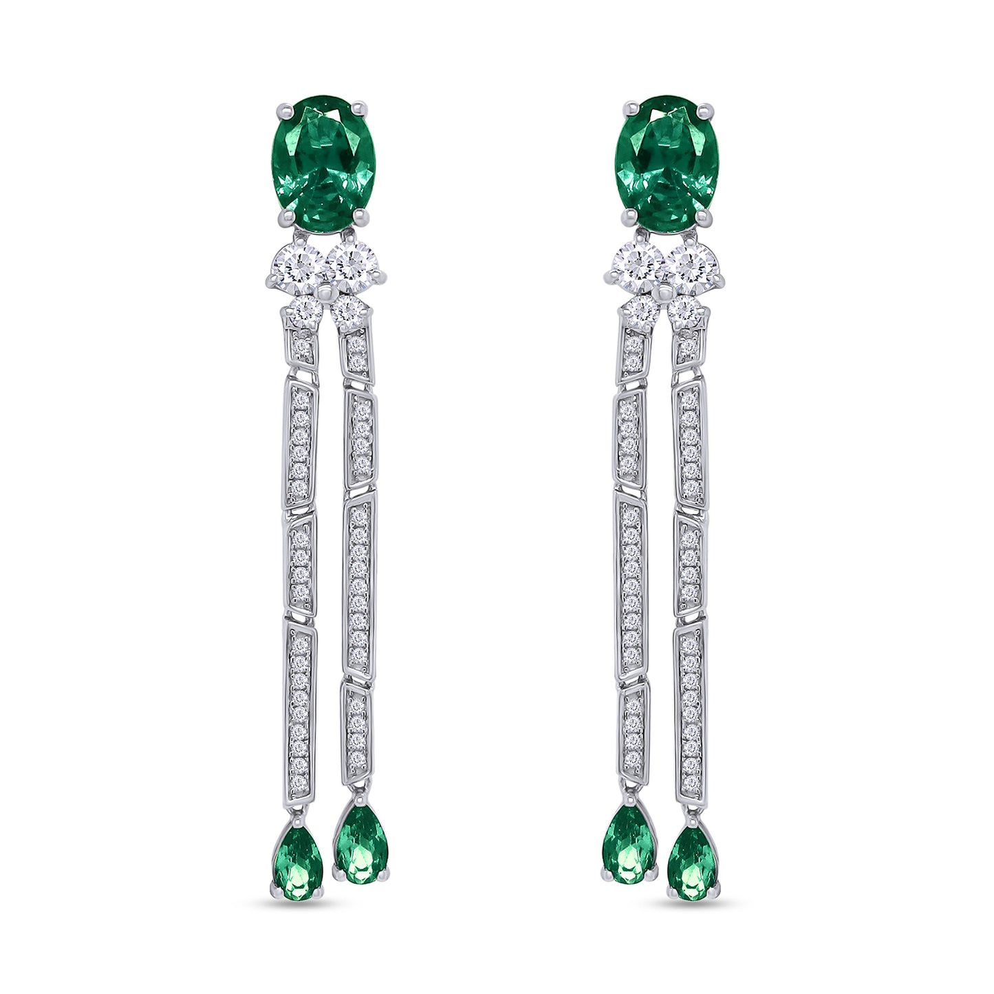 Oval & Pear Cut Simulated Green Emerald And Round White Cubic Zirconia Tassel Dangle Stud Earrings In 10K & 14K Solid Gold And 925 Sterling Silver