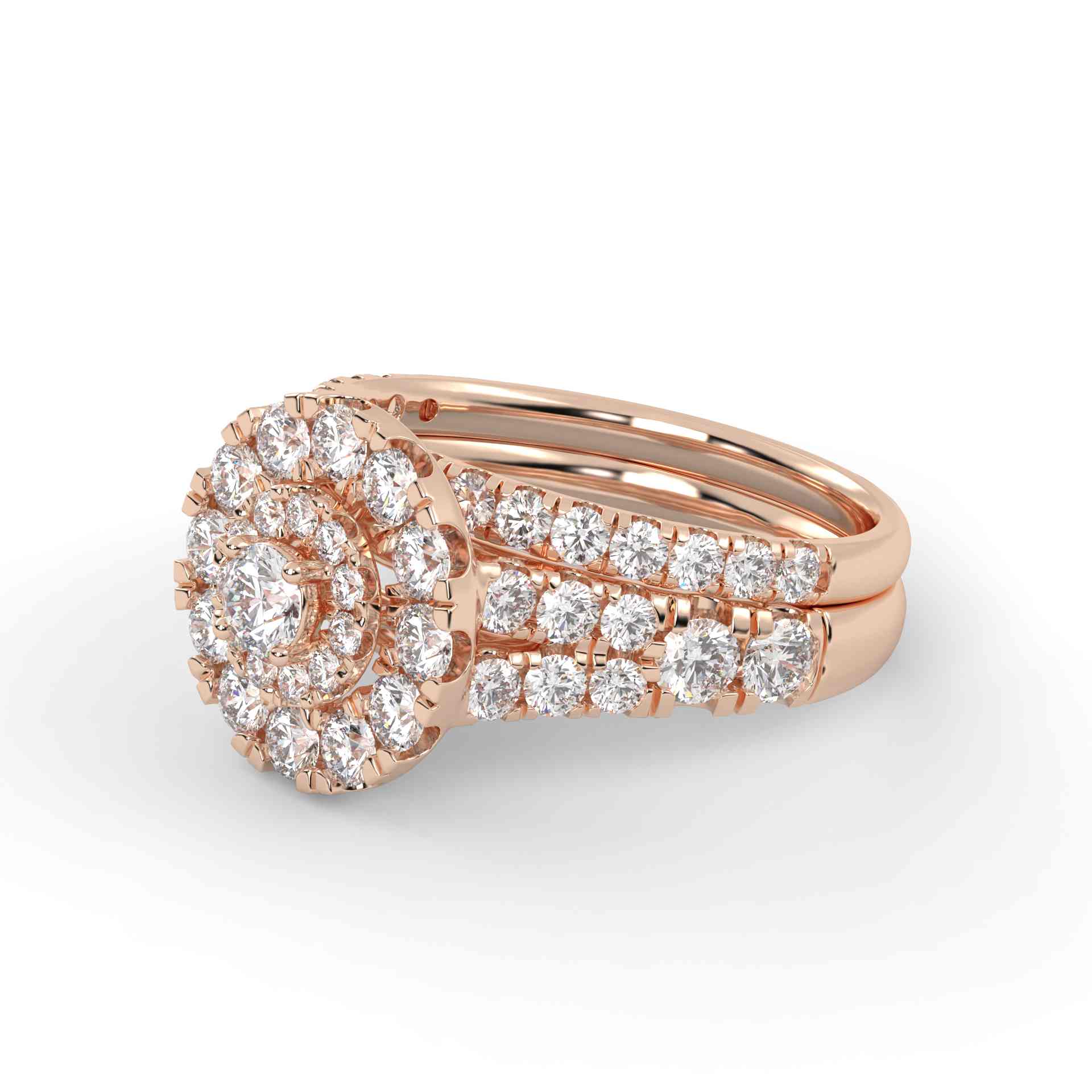 IGI Certified Round Shape Double Halo Split Shank Bridal Ring Set