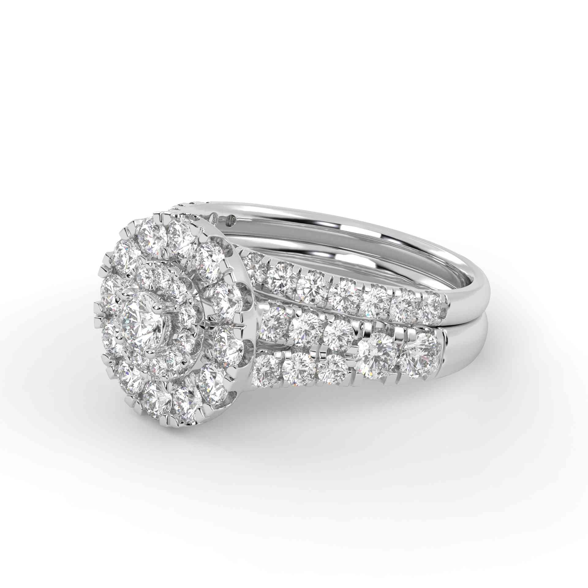 IGI Certified Round Shape Double Halo Split Shank Bridal Ring Set