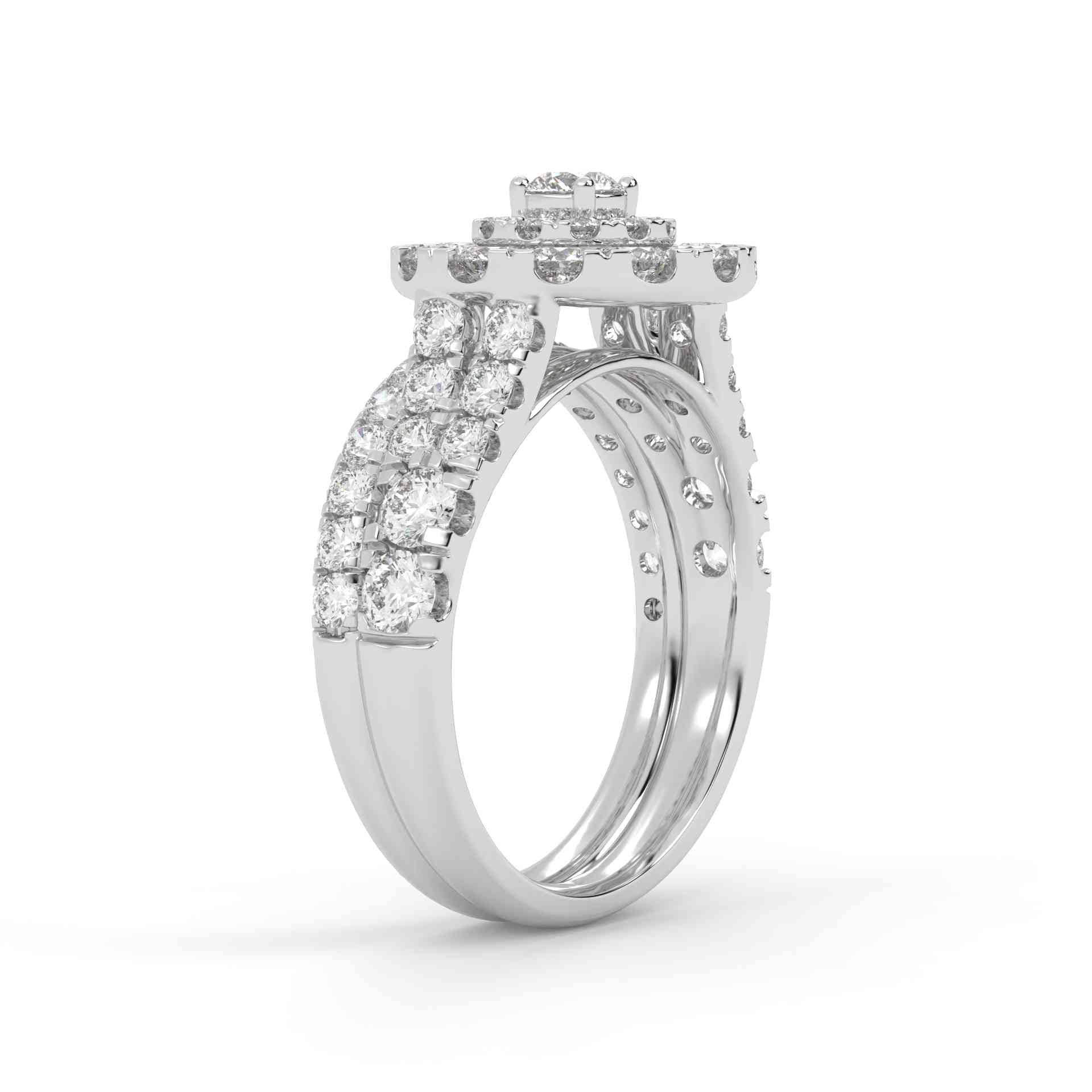 IGI Certified Round Shape Double Halo Split Shank Bridal Ring Set