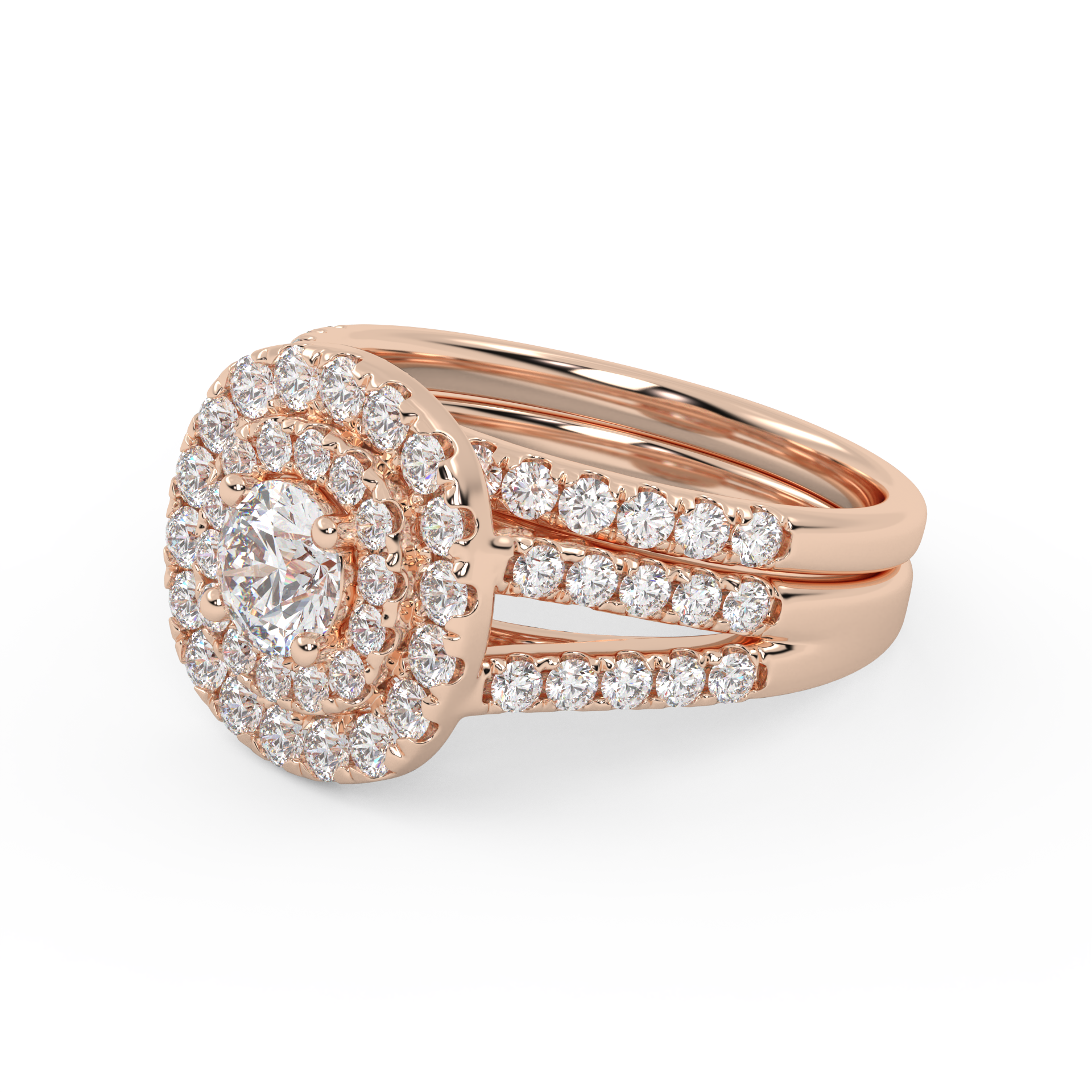 IGI Certified Round Shape Split Shank Double Halo Bridal Set Ring